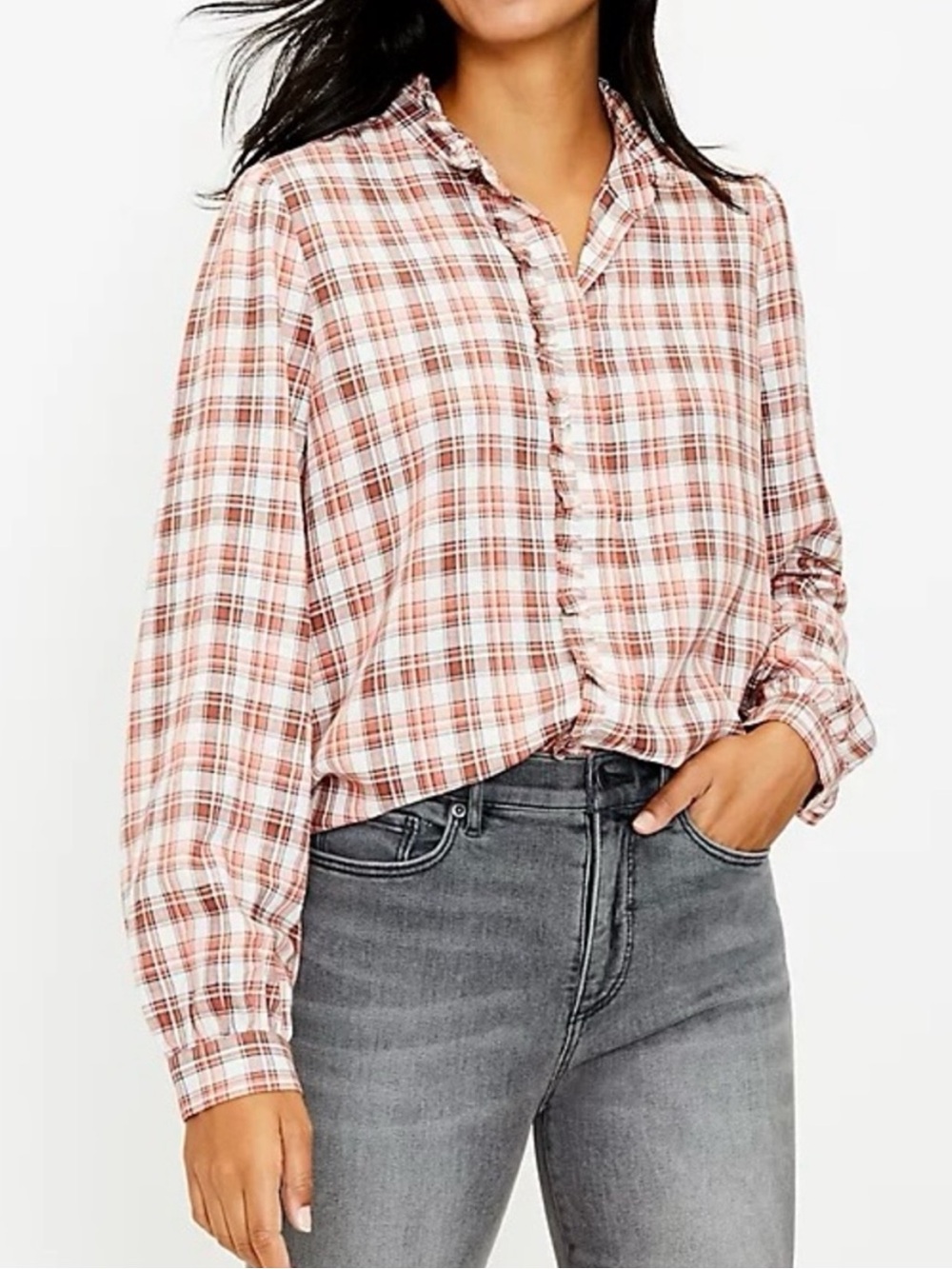 LOFT Plaid Ruffle Button Down Shirt Medium Linen Blend Rust Cream Fall